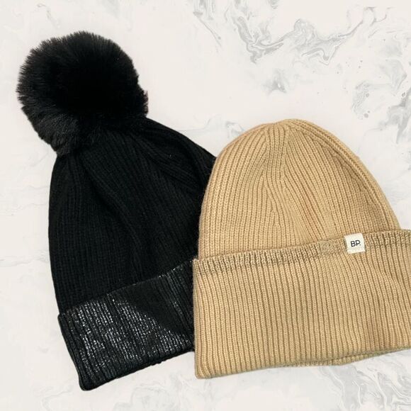 New Nordstrom BP. Bundle: Tan Knit Beanie, Black Metallic Knit Beanie - One Size - Picture 5 of 5